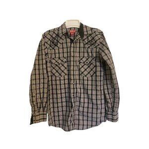 Red Ranch Shirt Mens Small Grey Blue Plaid Long Sleeve Western Pearl Snap
